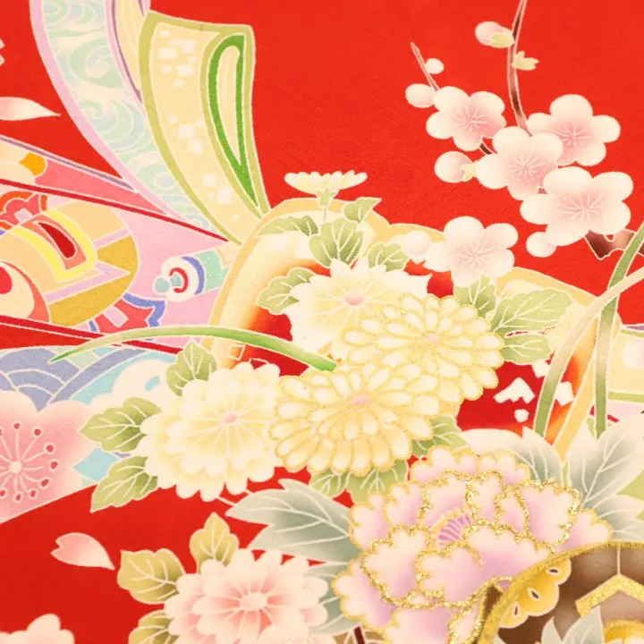 【正絹　金駒刺繍入】女児産着 お宮参りレンタル　鞠に桜　リボン熨斗/赤