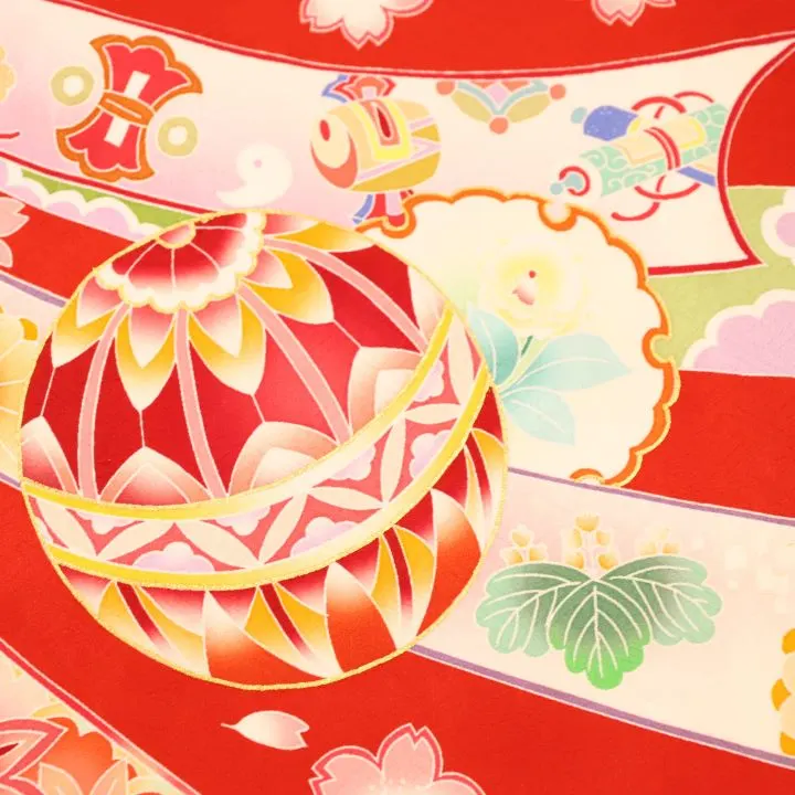 【正絹　金駒刺繍入】女児産着 お宮参りレンタル　鞠に桜　リボン熨斗/赤