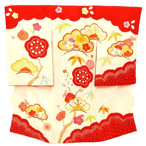 【高級正絹　金駒刺繍入】女児産着 お宮参りレンタル　雲取り松竹梅/赤×白