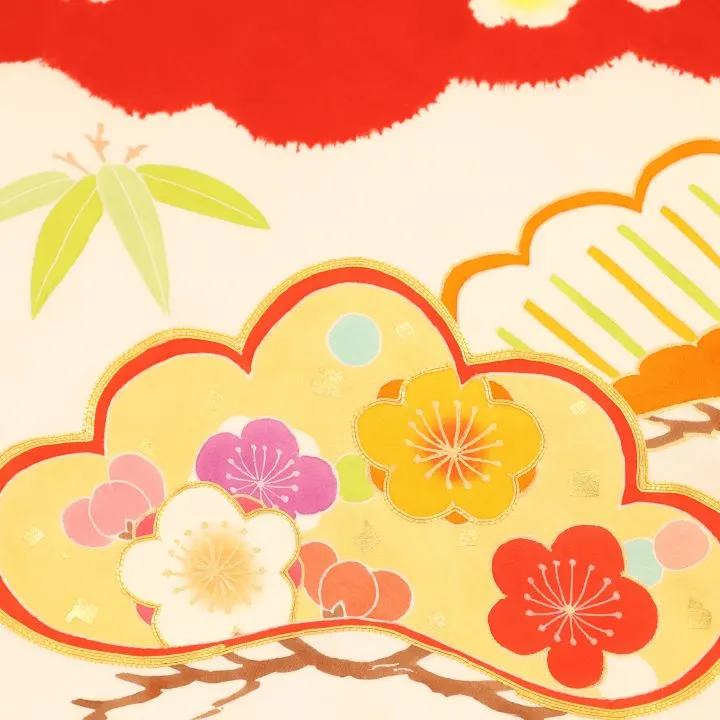 【高級正絹　金駒刺繍入】女児産着 お宮参りレンタル　雲取り松竹梅/赤×白