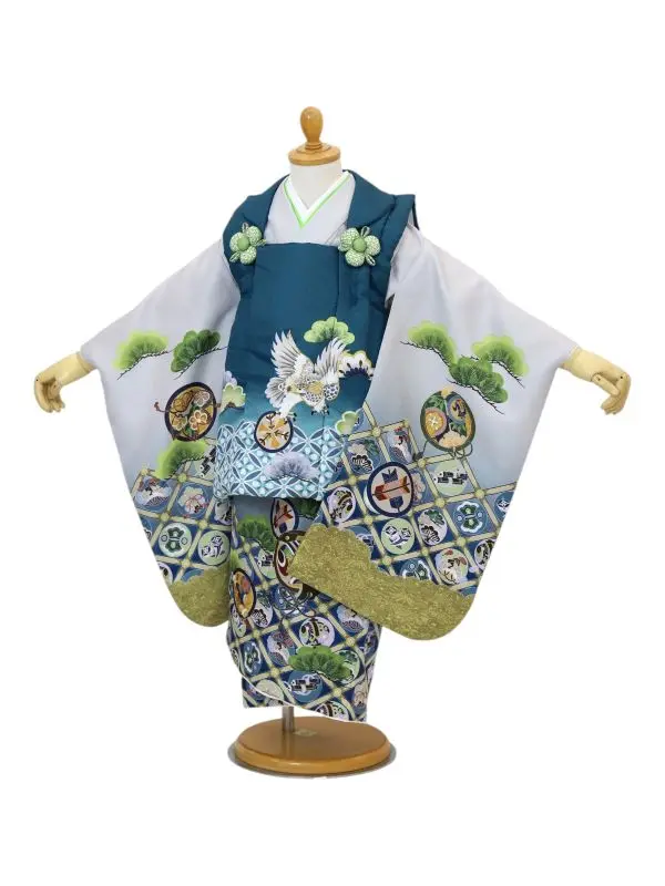 七五三レンタル(3歳男児被布)鷹に七宝/エメラルドG×宝尽くしに松/青グレー