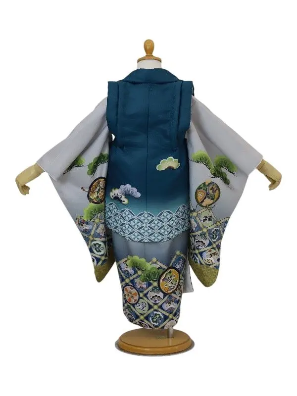 七五三レンタル(3歳男児被布)鷹に七宝/エメラルドG×宝尽くしに松/青グレー