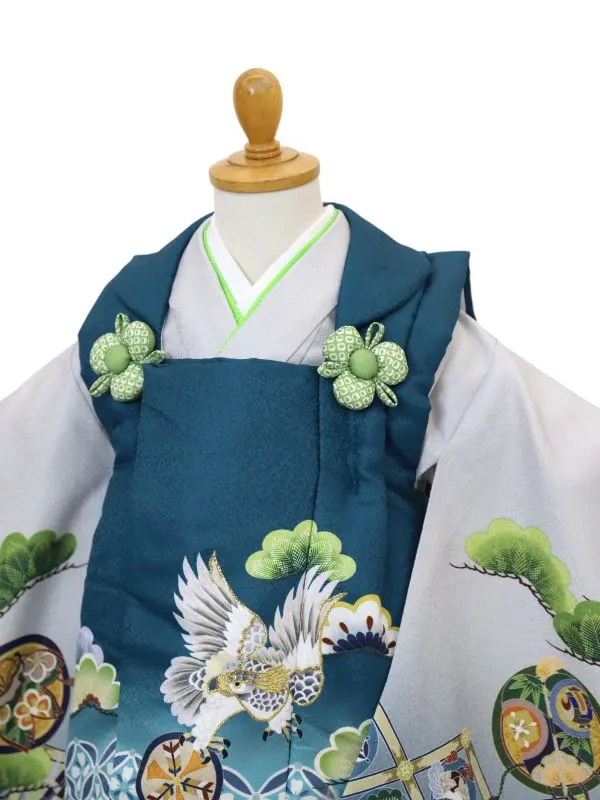 七五三レンタル(3歳男児被布)鷹に七宝/エメラルドG×宝尽くしに松/青グレー
