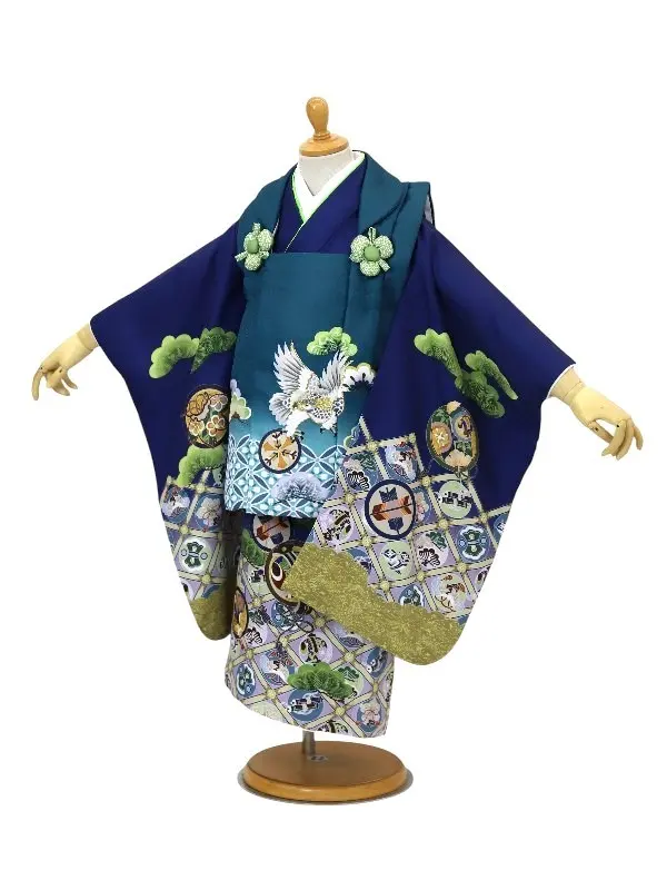 七五三レンタル(3歳男児被布）鷹に七宝/エメラルドG×宝尽くしに松/紺