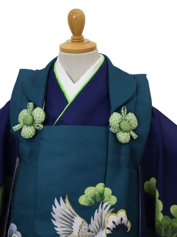 七五三レンタル(3歳男児被布）鷹に七宝/エメラルドG×宝尽くしに松/紺