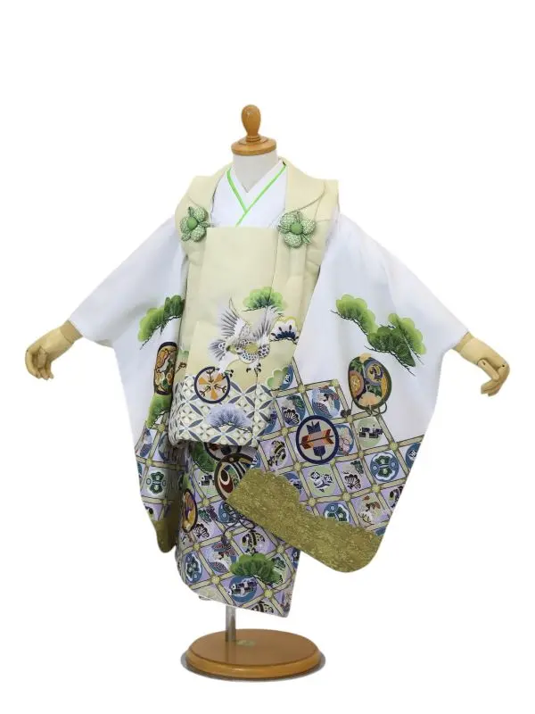 七五三レンタル(3歳男児被布)鷹に七宝/ベージュ×宝尽くしに松/白