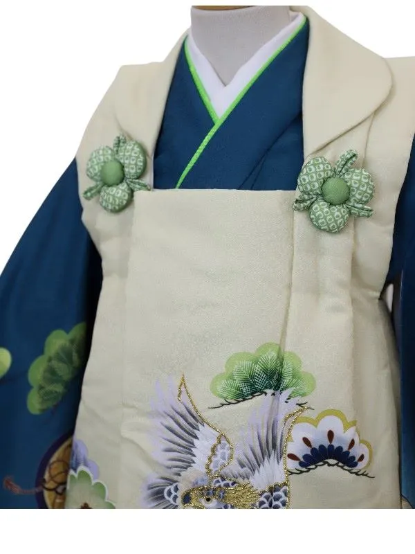 七五三レンタル(3歳男児被布）鷹に七宝/ベージュ×宝尽くしに松/エメラルドG
