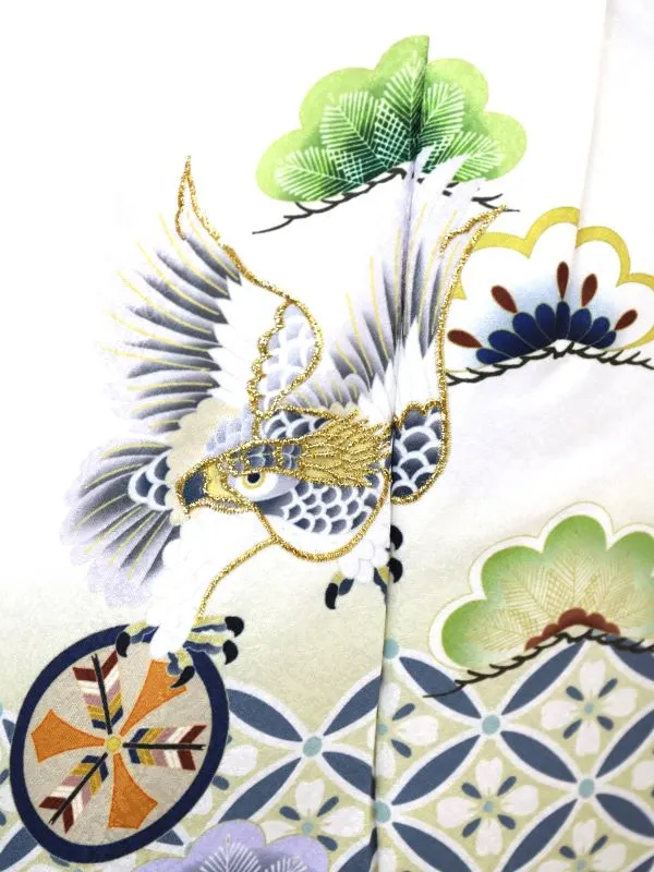 七五三レンタル(3歳男児被布)鷹に七宝/白×宝尽くしに松/ベージュ