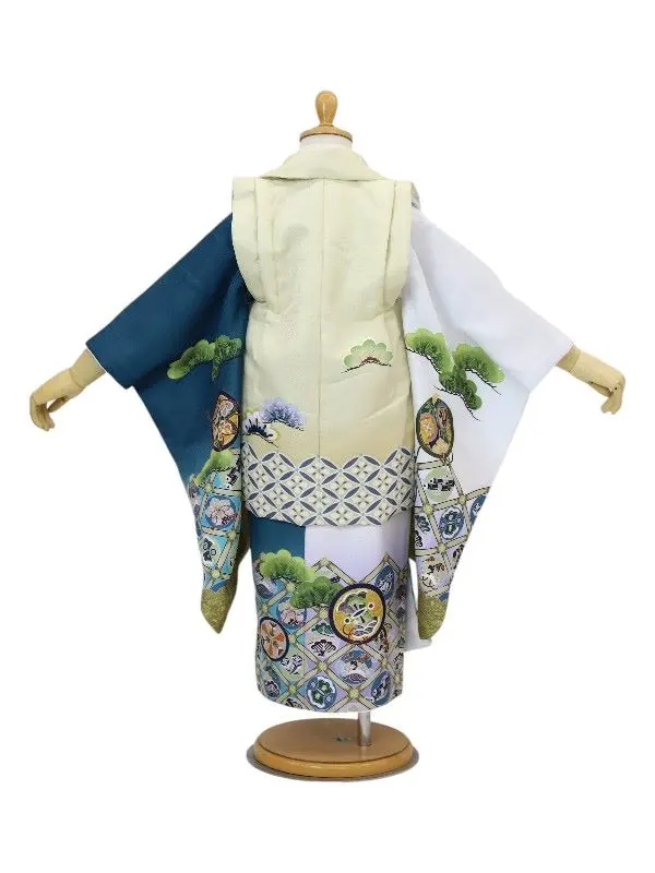 七五三レンタル(3歳男児被布)鷹に七宝/ベージュ×宝尽くしに松/白×エメラルドG