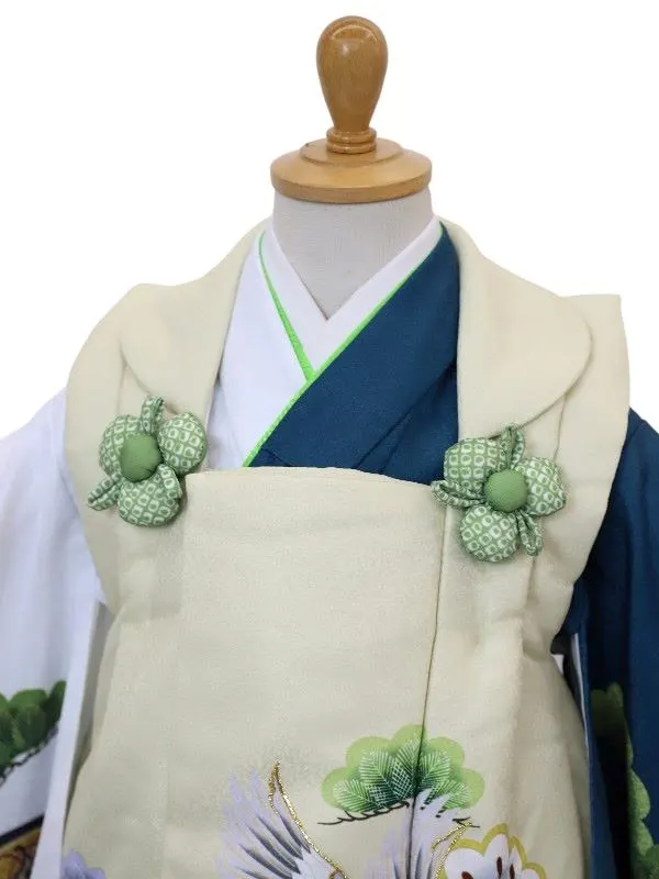 七五三レンタル(3歳男児被布)鷹に七宝/ベージュ×宝尽くしに松/白×エメラルドG