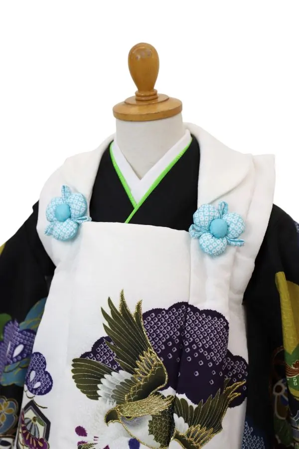 七五三レンタル(3歳男児被布）鷹に桐紋/白×宝尽くしに絞り松/黒