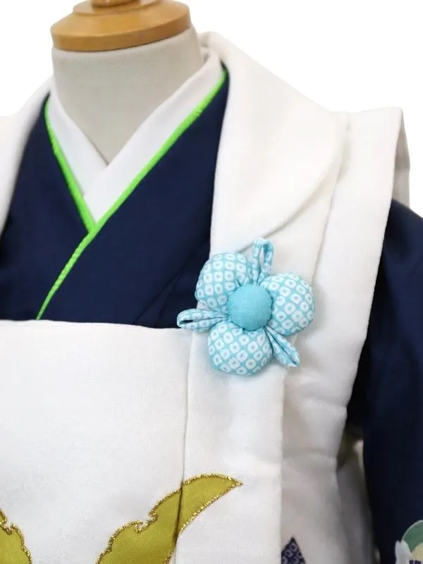 七五三レンタル(3歳男児被布）兜に笹松/白×吉祥丸紋/紺