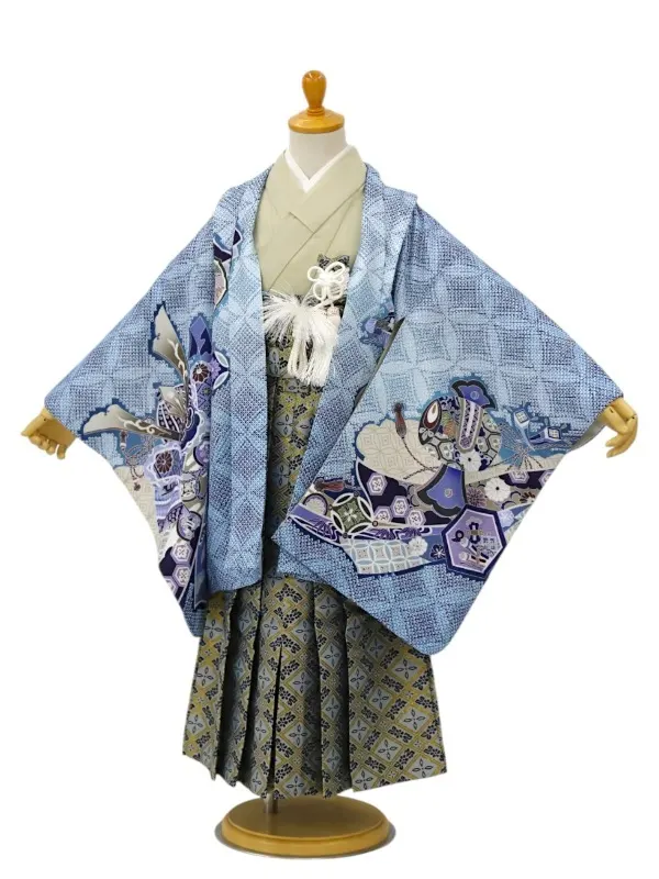 【ママも安心　かんたん着付け】七五三(5歳男児袴)龍に兜・七宝柄/紺×金菱袴