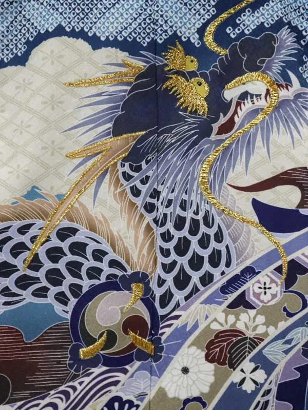 【ママも安心　かんたん着付け】七五三(5歳男児袴)龍に兜・七宝柄/紺×金菱袴