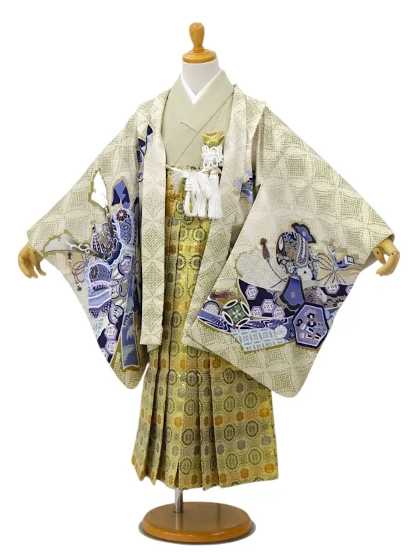 【ママも安心　かんたん着付け】七五三(5歳男児袴)龍に兜・七宝柄/金茶×蜀江袴