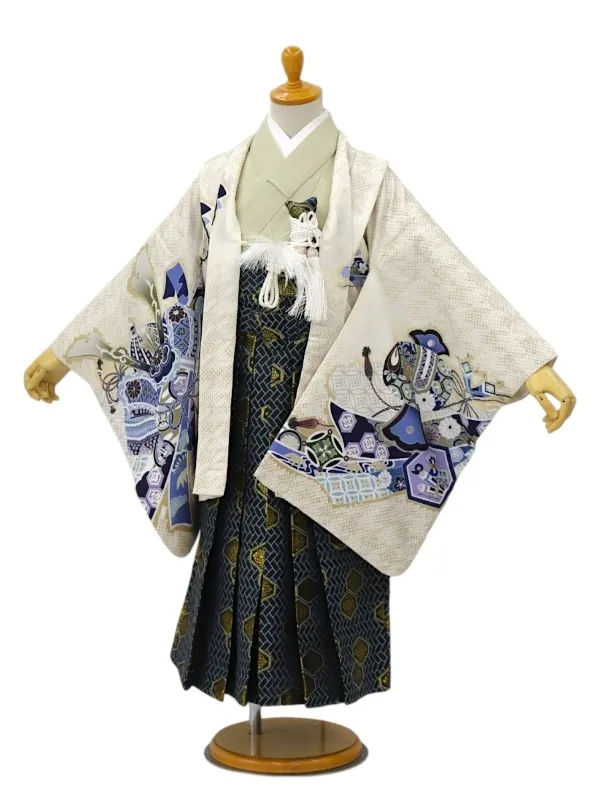 【ママも安心　かんたん着付け】七五三(5歳男児袴)鷹に兜・七宝柄/クリーム×紋袴