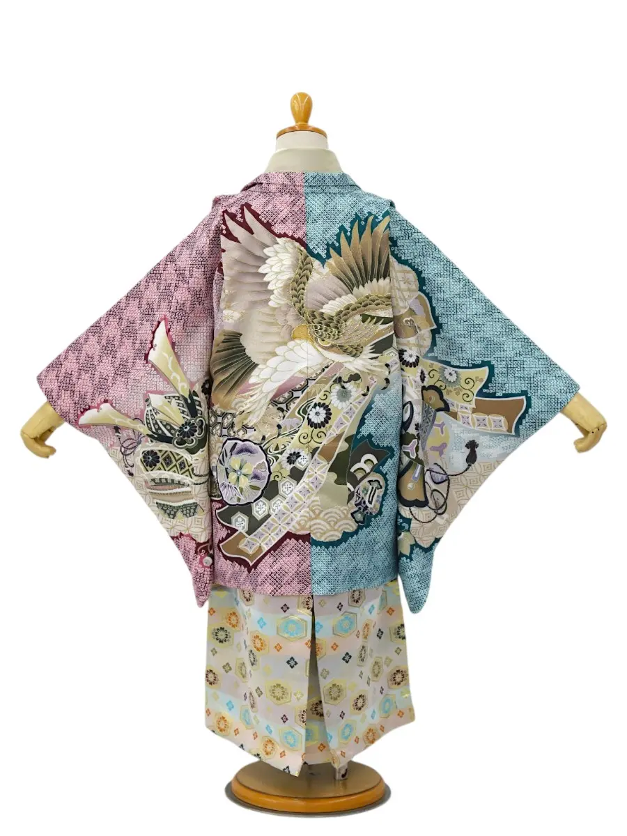【ママも安心　かんたん着付け】七五三(5歳男児袴)鷹に兜/ボルドー×緑×華菱袴