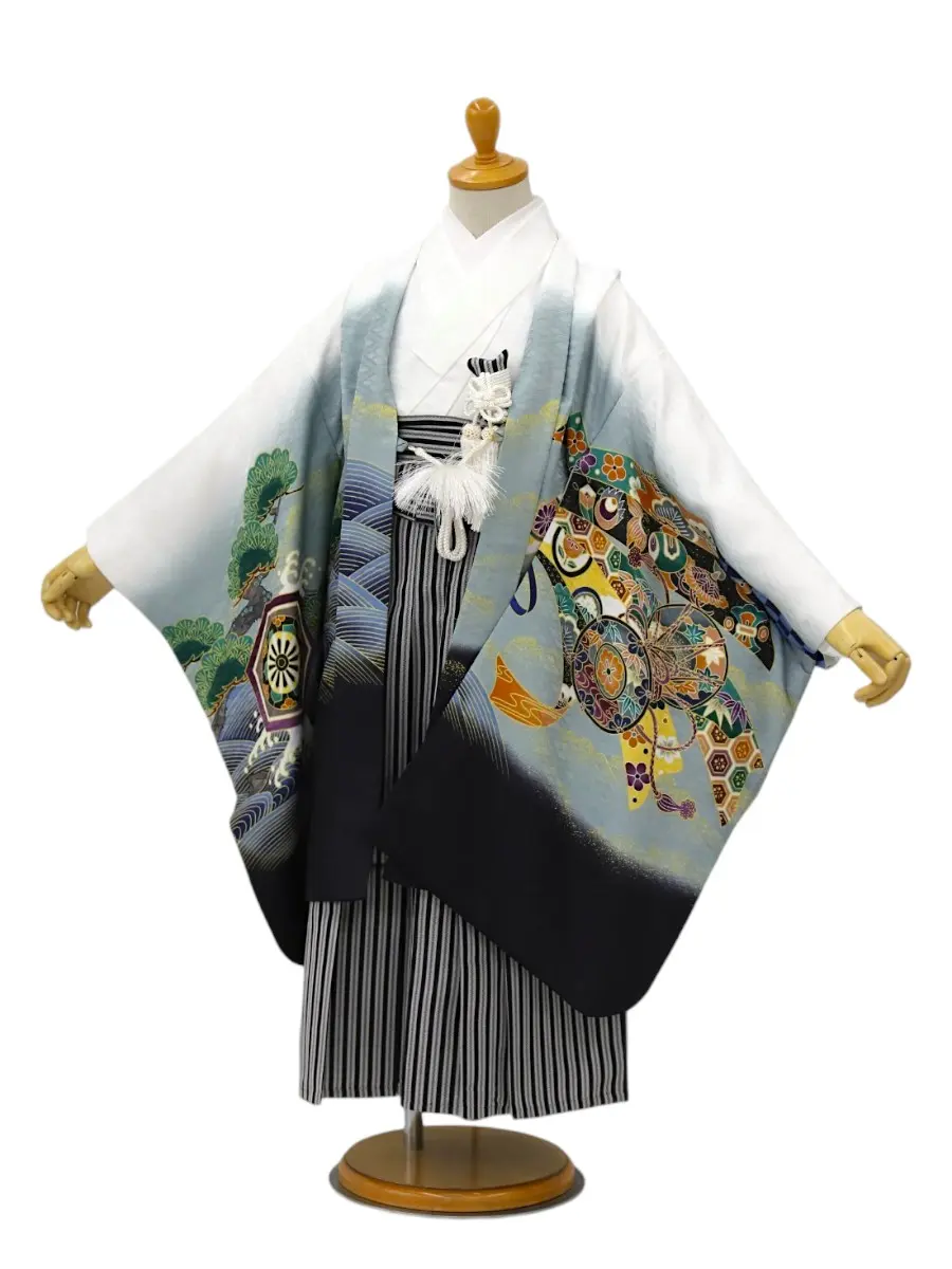 【ママも安心　かんたん着付け】七五三(5歳男児袴)鷹に束ね熨斗/白×縞袴