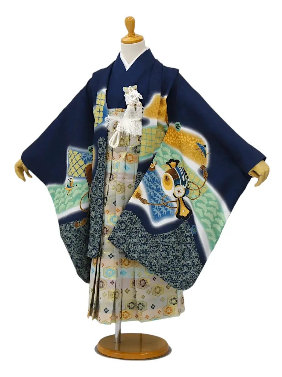 【ママも安心　かんたん着付け】七五三(5歳男児袴)鷹に鼓/紺×花菱袴
