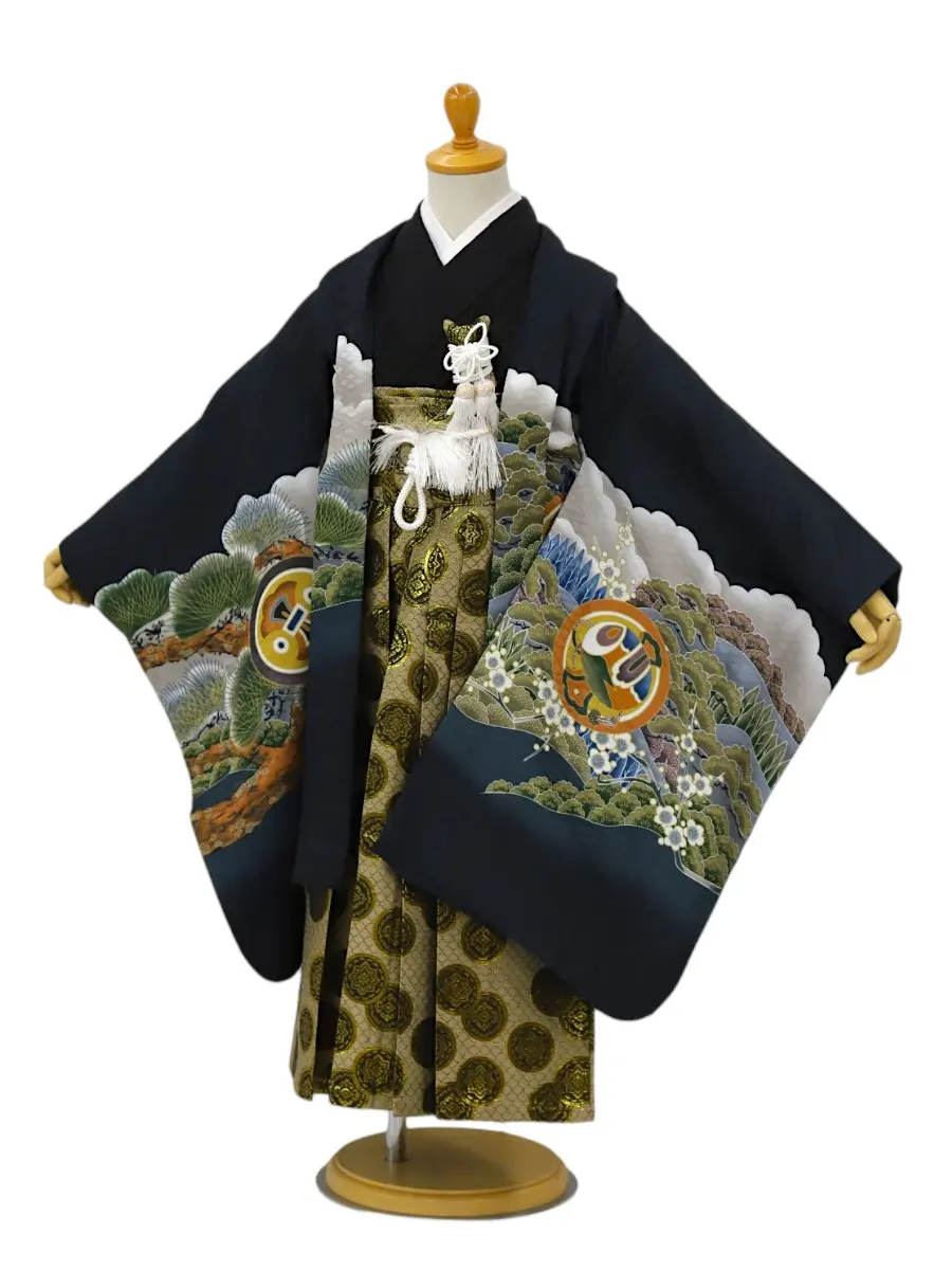 【ママも安心　かんたん着付け】七五三(5歳男児袴)鷹に冨士/黒×丸紋袴