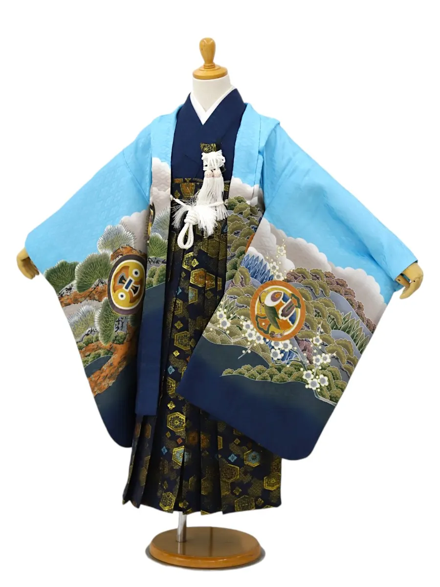 【ママも安心　かんたん着付け】七五三(5歳男児袴)鷹に冨士/水色×亀甲袴