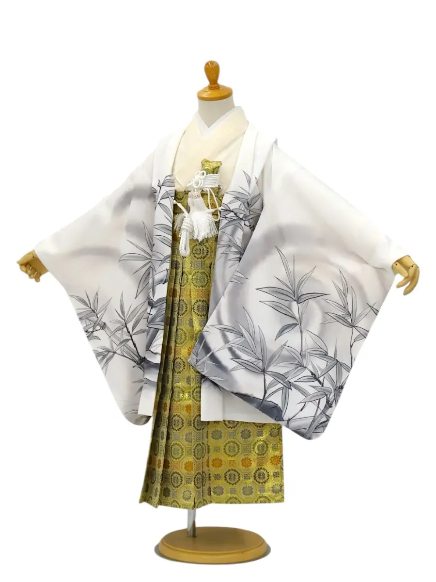 【ママも安心　かんたん着付け】七五三(5歳男児袴)虎に笹/白×金蜀江紋袴