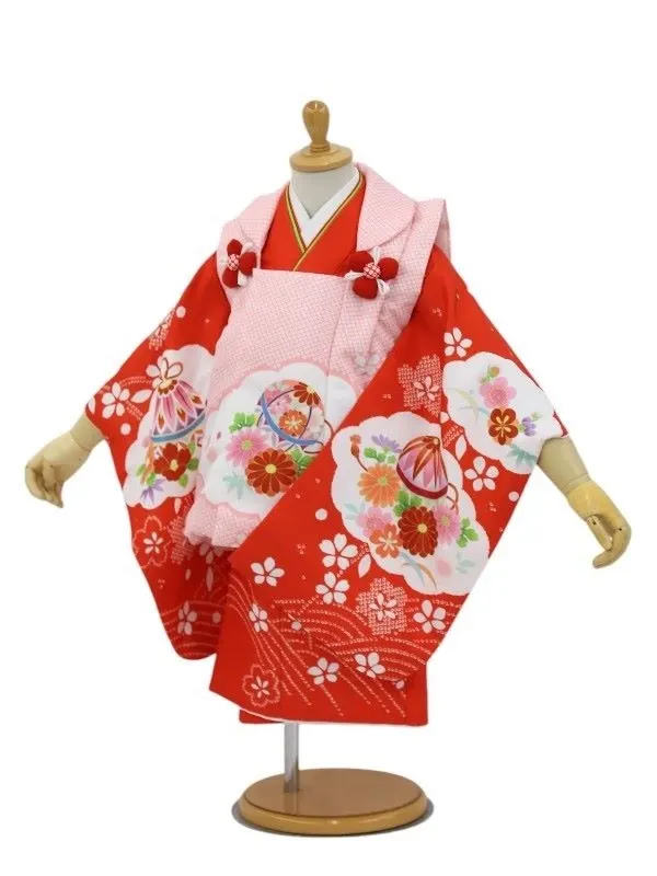 七五三レンタル(2歳女児被布)絞り柄　鞠に花菊/ピンク×花車/赤