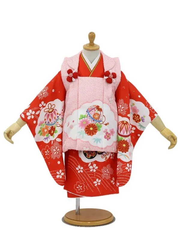 七五三レンタル(2歳女児被布)絞り柄　鞠に花菊/ピンク×花車/赤