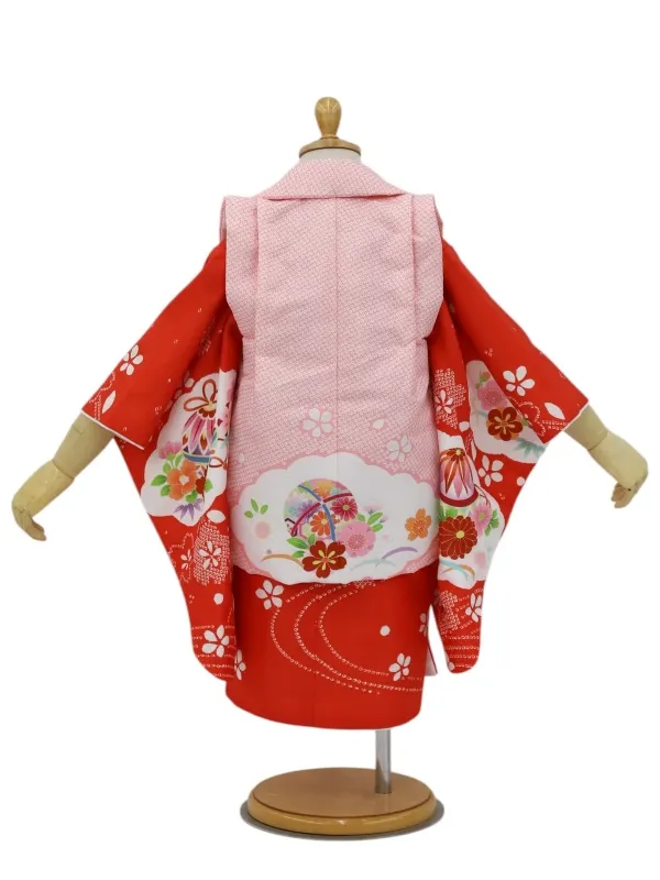 七五三レンタル(2歳女児被布)絞り柄　鞠に花菊/ピンク×花車/赤