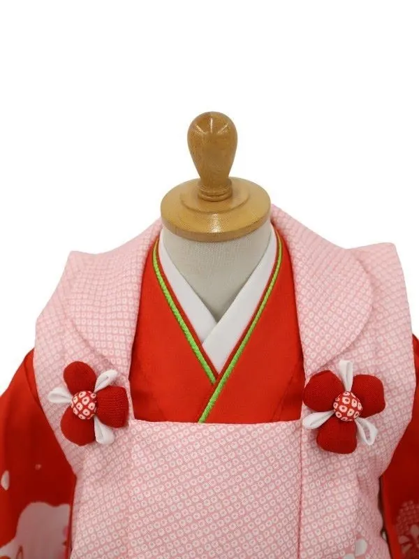 七五三レンタル(2歳女児被布)絞り柄　鞠に花菊/ピンク×花車/赤