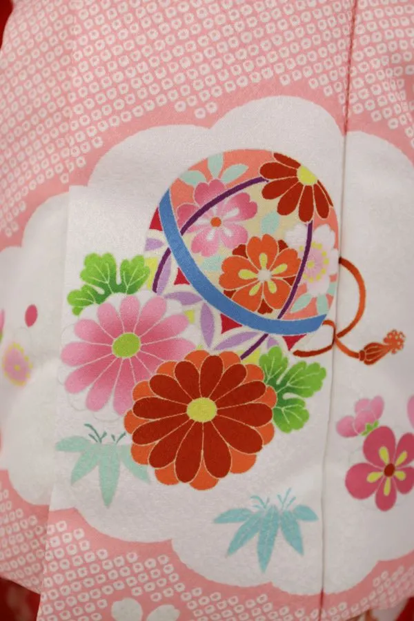 七五三レンタル(2歳女児被布)絞り柄　鞠に花菊/ピンク×花車/赤