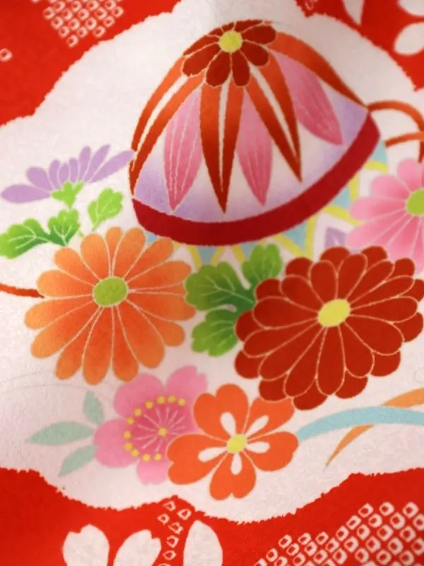 七五三レンタル(2歳女児被布)絞り柄　鞠に花菊/ピンク×花車/赤