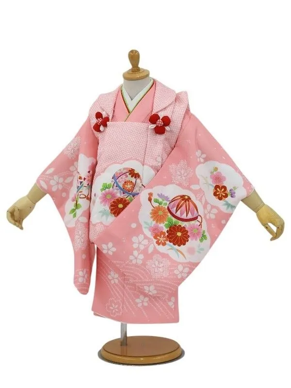 七五三レンタル(2歳女児被布)絞り柄　鞠に花菊/ピンク×牡丹に御所車/ピンク