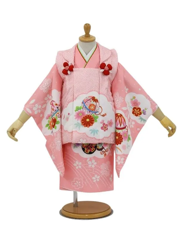 七五三レンタル(2歳女児被布)絞り柄　鞠に花菊/ピンク×牡丹に御所車/ピンク