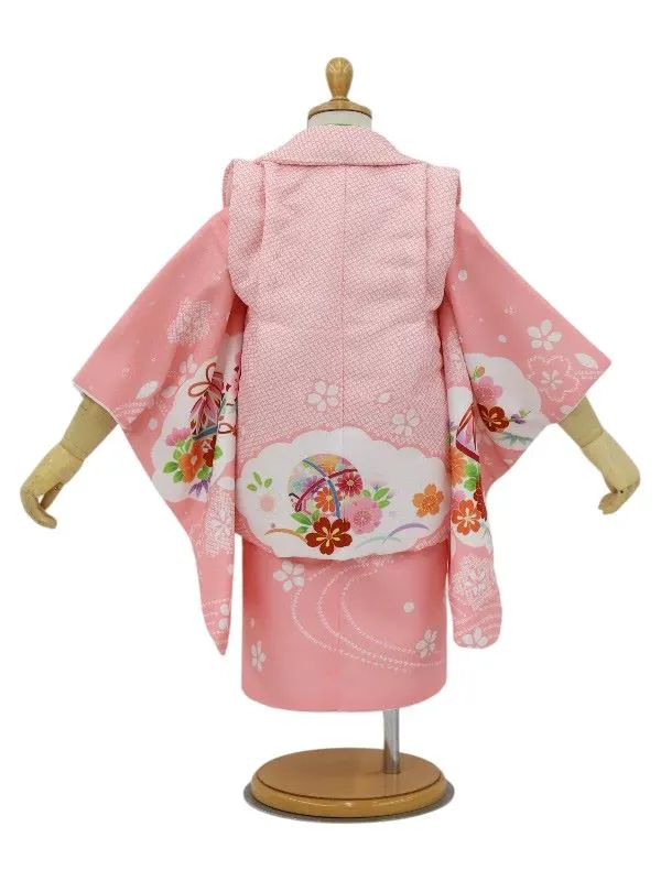 七五三レンタル(2歳女児被布)絞り柄　鞠に花菊/ピンク×牡丹に御所車/ピンク