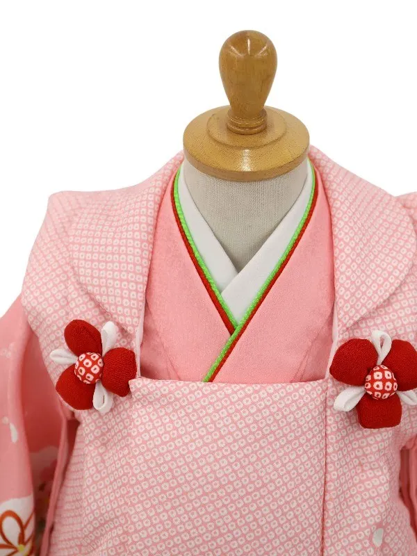 七五三レンタル(2歳女児被布)絞り柄　鞠に花菊/ピンク×牡丹に御所車/ピンク