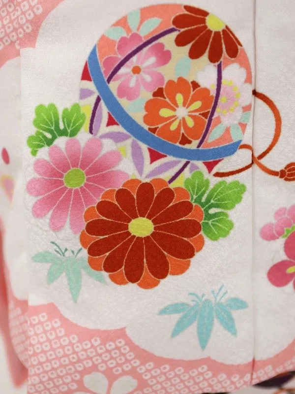 七五三レンタル(2歳女児被布)絞り柄　鞠に花菊/ピンク×牡丹に御所車/ピンク