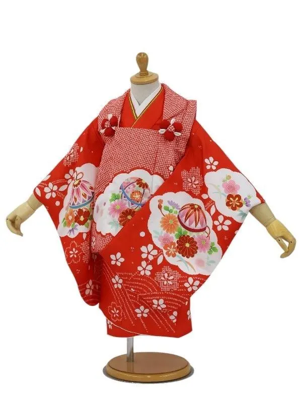 七五三レンタル(2歳女児被布)絞り柄　鞠に花菊/赤×牡丹に御所車/赤