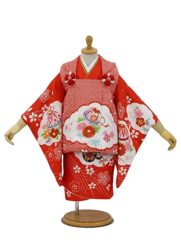 七五三レンタル(2歳女児被布)絞り柄　鞠に花菊/赤×牡丹に御所車/赤
