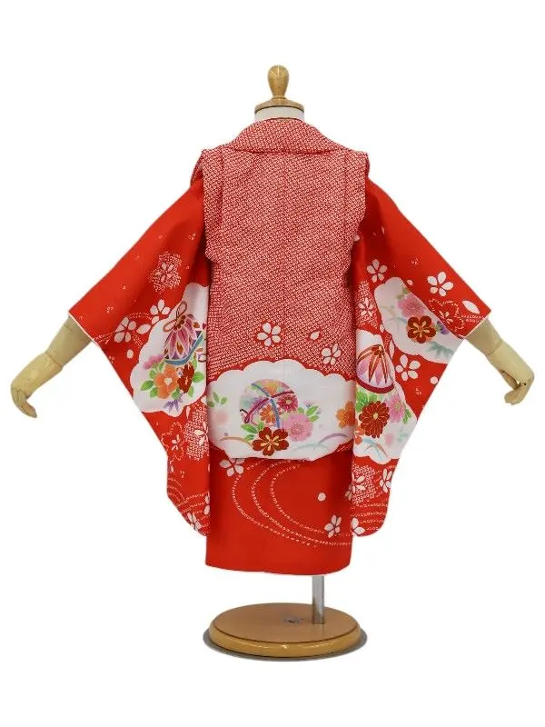 七五三レンタル(2歳女児被布)絞り柄　鞠に花菊/赤×牡丹に御所車/赤