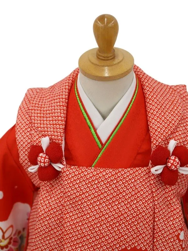 七五三レンタル(2歳女児被布)絞り柄　鞠に花菊/赤×牡丹に御所車/赤