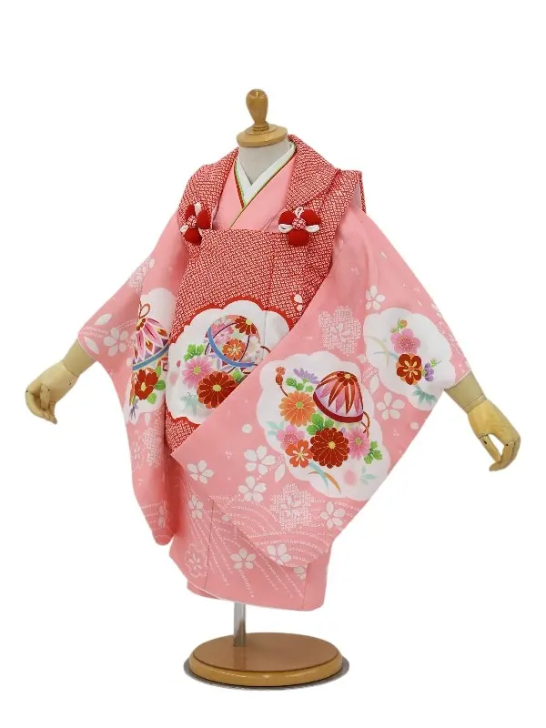 七五三レンタル(2歳女児被布)絞り柄　鞠に花菊/赤×牡丹に御所車/ピンク