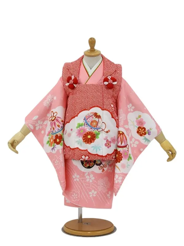 七五三レンタル(2歳女児被布)絞り柄　鞠に花菊/赤×牡丹に御所車/ピンク