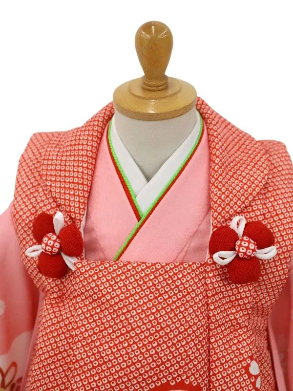 七五三レンタル(2歳女児被布)絞り柄　鞠に花菊/赤×牡丹に御所車/ピンク