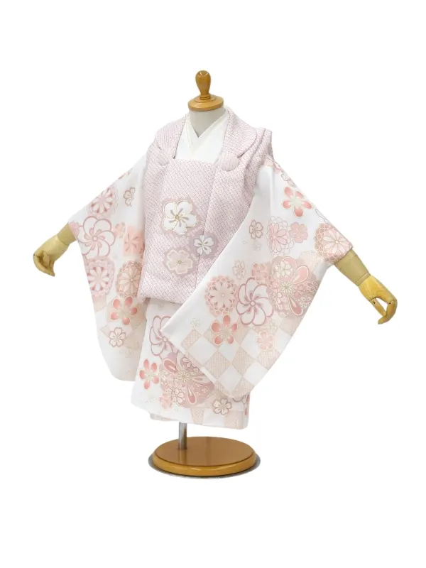 七五三レンタル(2歳女児被布)【陽気な天使】鹿の子柄金駒刺繍/ねじり梅ピンク×白