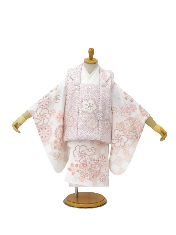 七五三レンタル(2歳女児被布)【陽気な天使】鹿の子柄金駒刺繍/ねじり梅ピンク×白