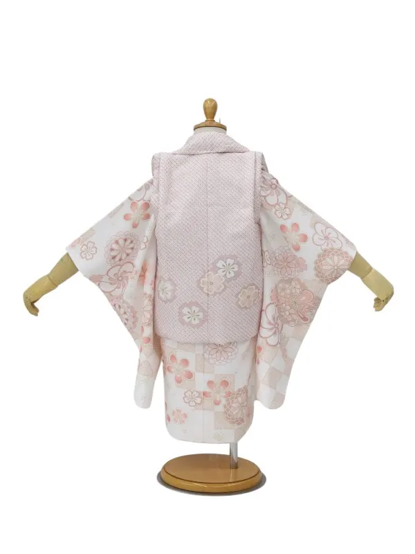 七五三レンタル(2歳女児被布)【陽気な天使】鹿の子柄金駒刺繍/ねじり梅ピンク×白