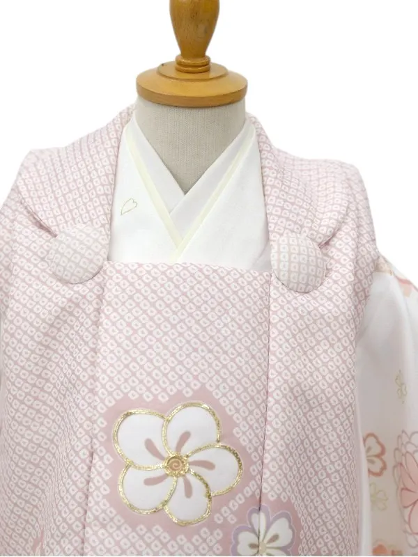 七五三レンタル(2歳女児被布)【陽気な天使】鹿の子柄金駒刺繍/ねじり梅ピンク×白