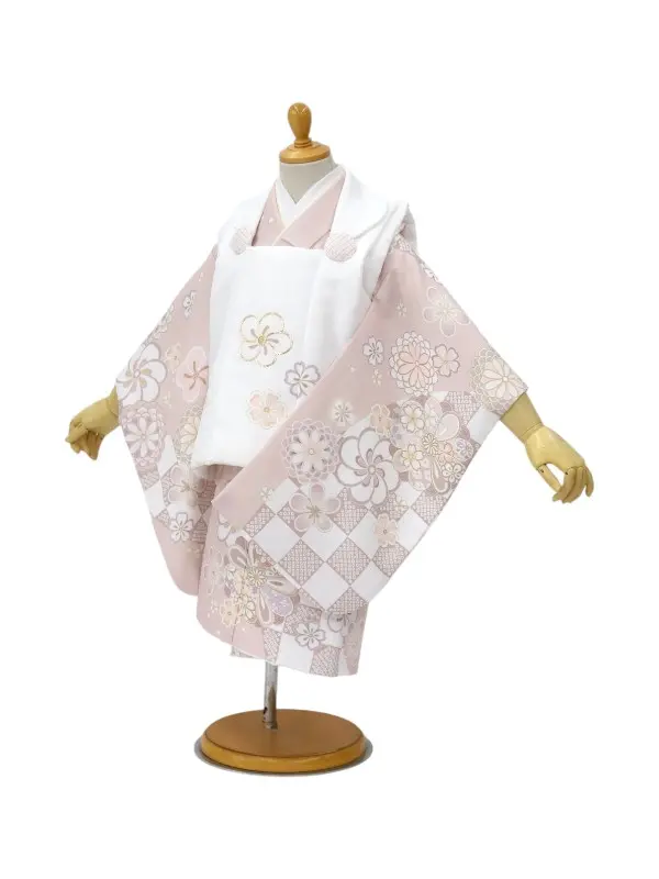 七五三レンタル(2歳女児被布)【陽気な天使】金駒刺繍/ねじり梅白×ピンク