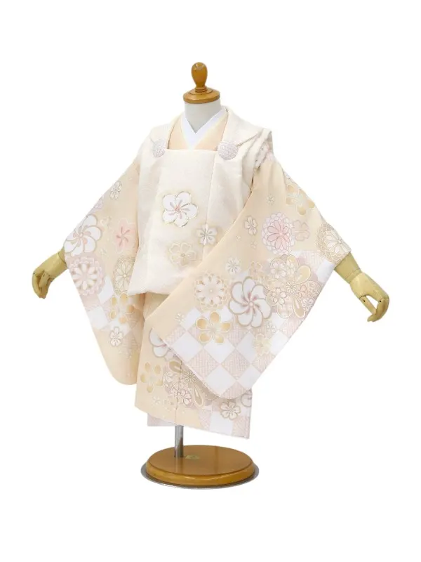 七五三レンタル(2歳女児被布)【陽気な天使】鹿の子柄金駒刺繍/ねじり梅クリーム